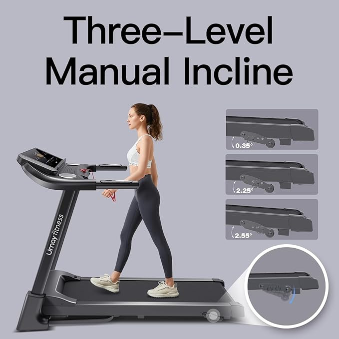 UMAY Fitness Home Máy chạy bộ nghiêng tự động có cảm biến xung, 3.0 HP Không chổi than yên tĩnh, 8,7 MPH, Công suất 300 lbs