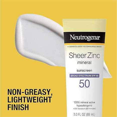 Kem chống nắng khoáng chất Neutrogena Sheer Zinc Oxide Dry-Touch, phổ rộng SPF 50, bảo vệ khỏi tia UVA/UVB, không thấm nước, không gây dị ứng và không nhờn, không chứa paraben, 3 fl. oz, Gói 3