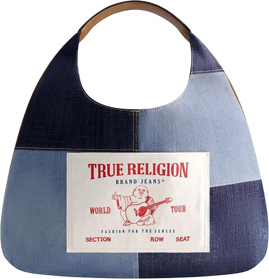 Túi đeo vai nữ True Religion, Túi xách Hobo lớn chắp vá có logo Đức Phật, Vải denim